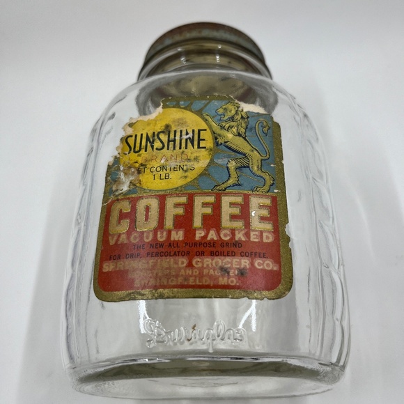 Sunshine Coffee Other - Vintage 1 Pound SUNSHINE COFFEE Jar Original Lid and Label and Embossed Back